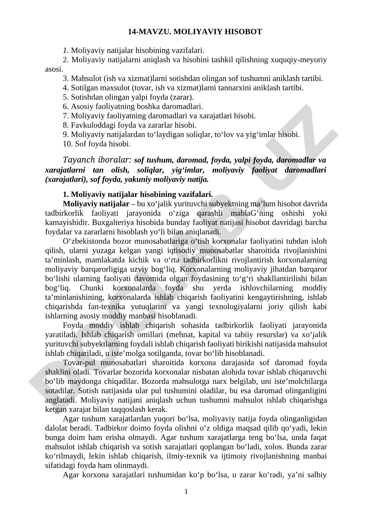 Moliyaviy natijalar hisobi: vazifalari, daromadlar, xarajatlar, soliqlar, sof foyda