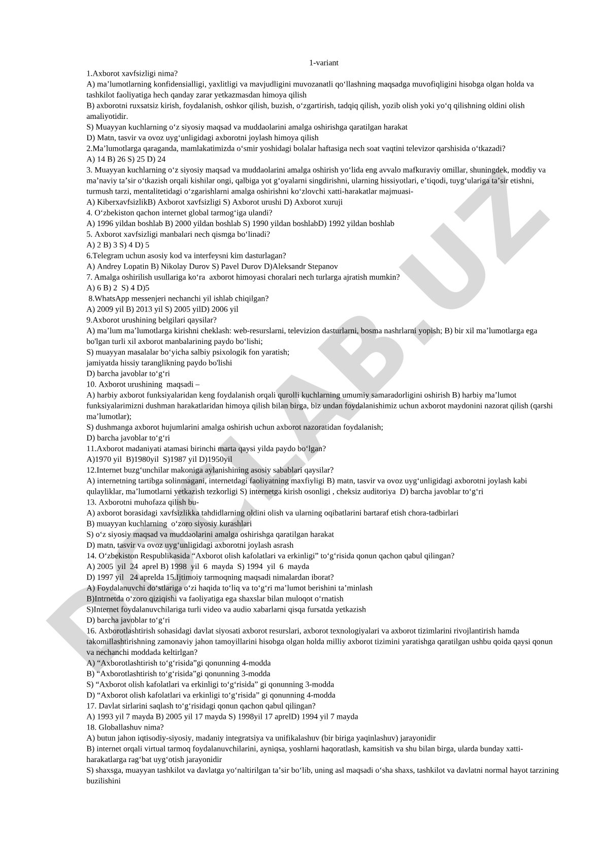 Axborot xavfsizligi bo'yicha test savollari