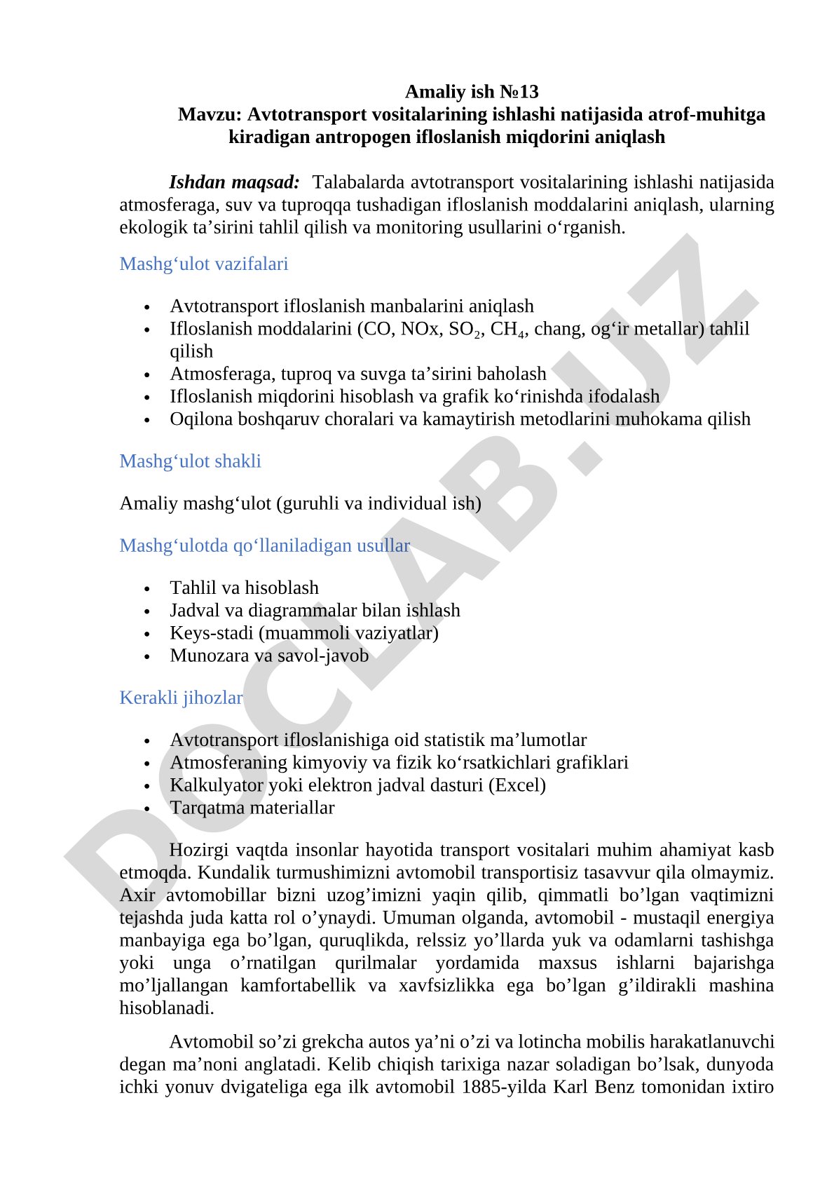 Avtotransport vositalarining ishlashi natijasida atrof-muhitga kiradigan antropogen ifloslanish miqdorini aniqlash