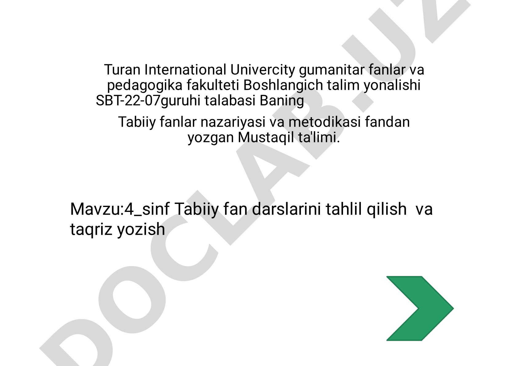 4_sinf Tabiiy fan darslarini tahlil qilish va taqriz yozish yozgan Mustaqil ta'limi