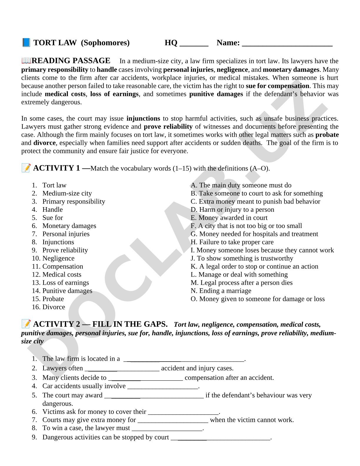 Tort Law Reading Passage and Vocabulary Activity
