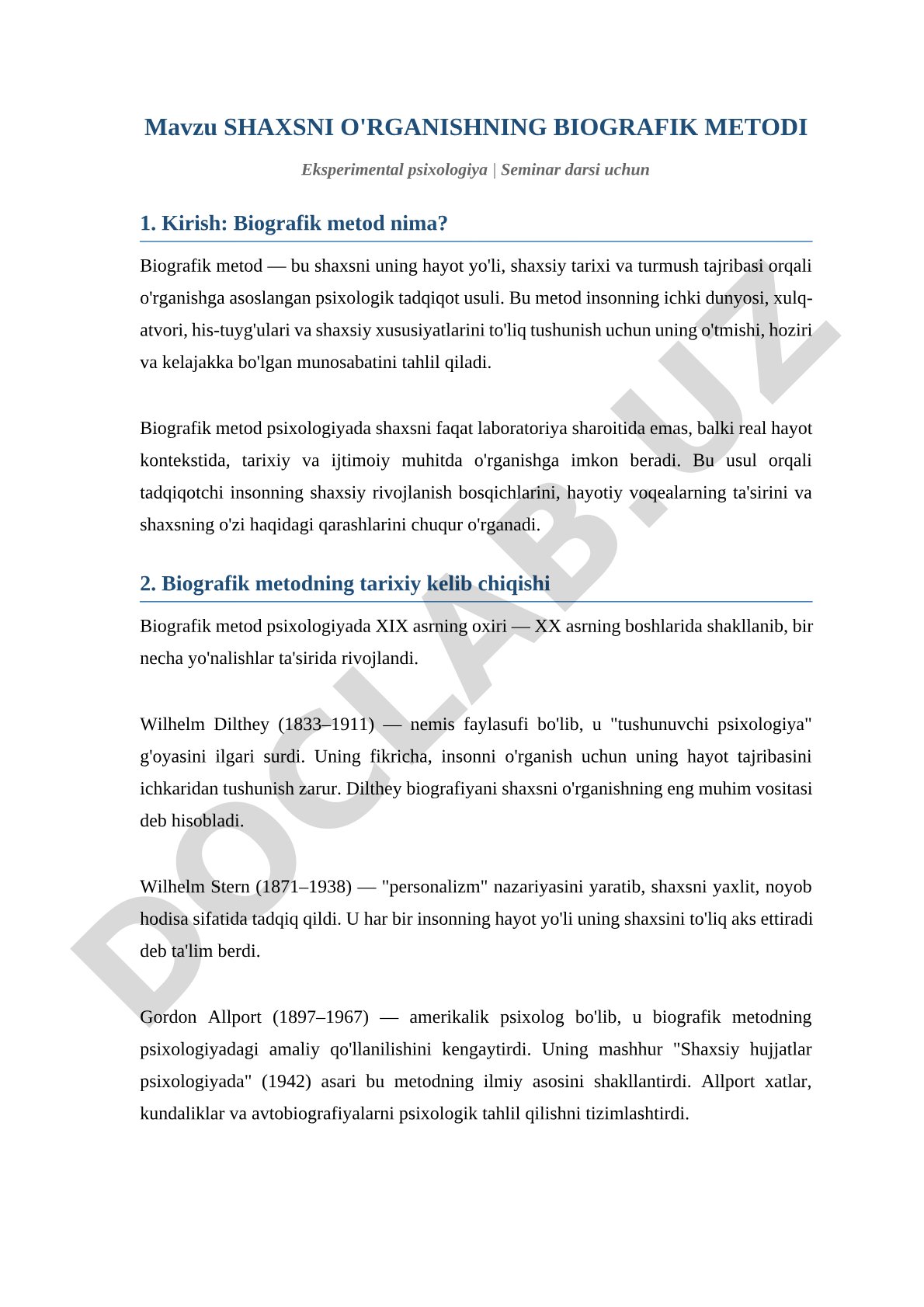 SHAXSNI O'RGANISHNING BIOGRAFIK METODI
