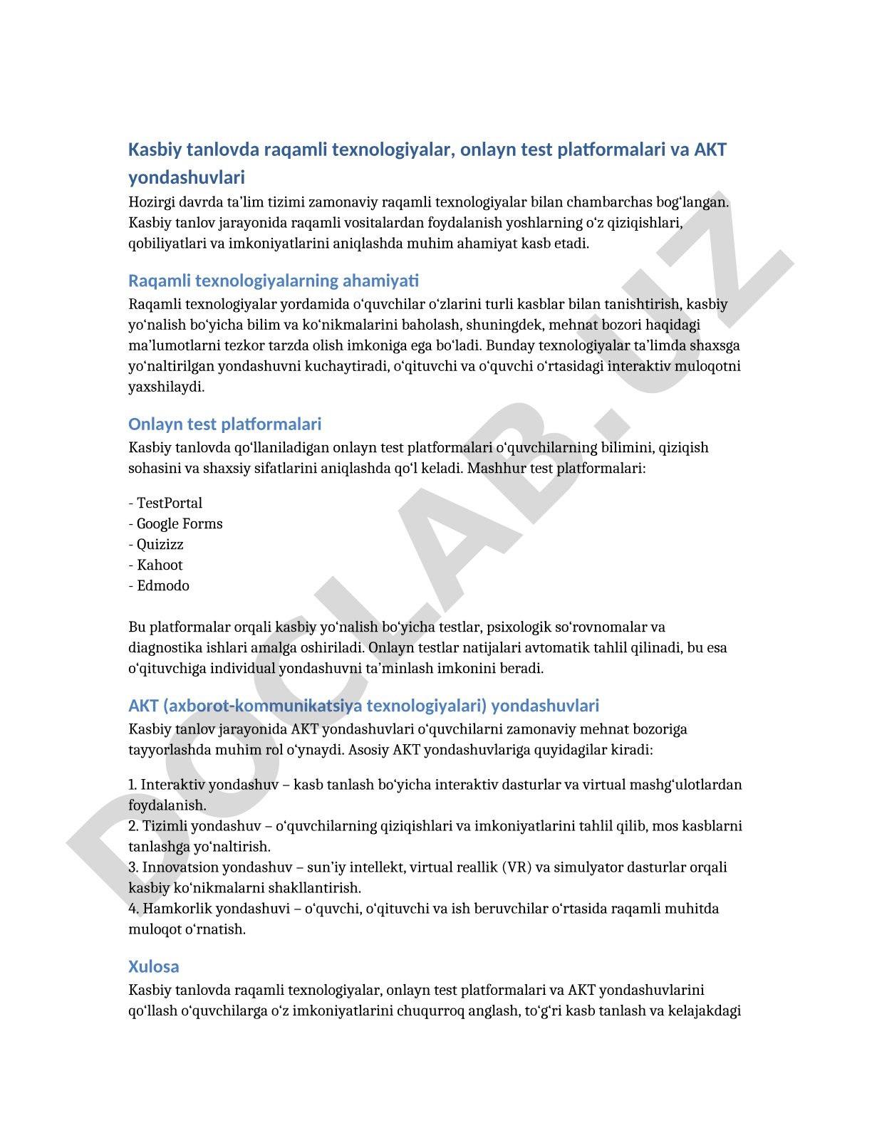 Kasbiy tanlovda raqamli texnologiyalar, onlayn test platformalari va AKT yondashuvlari