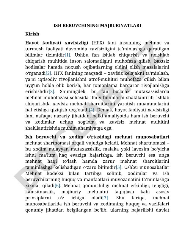 Ish beruvchining majburiyatlari va hayot faoliyati xavfsizligi
