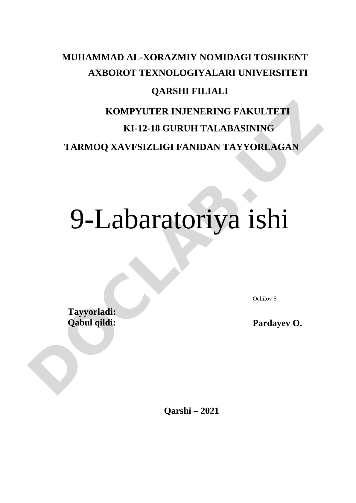 Tarmoq xavfsizligi fanidan tayyorlagan 9-labaratoriya ishi