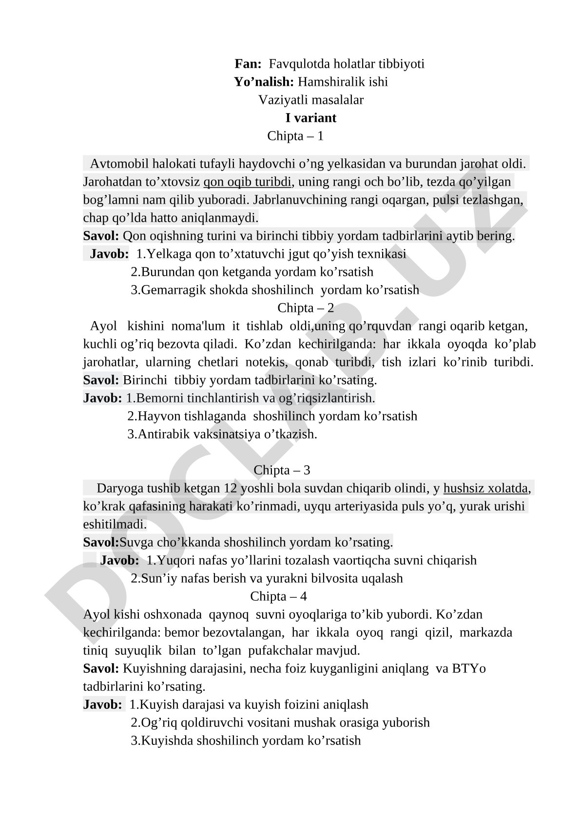 Favqulotda holatlar tibbiyotidan vaziyatli masalalar va javoblar