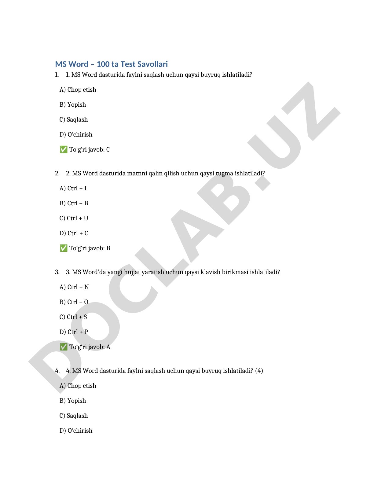 MS Word – 100 ta Test Savollari