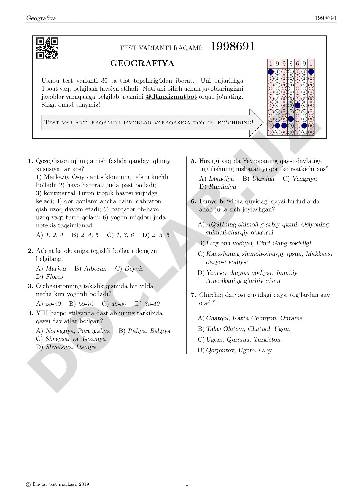 Geografiya test varianti