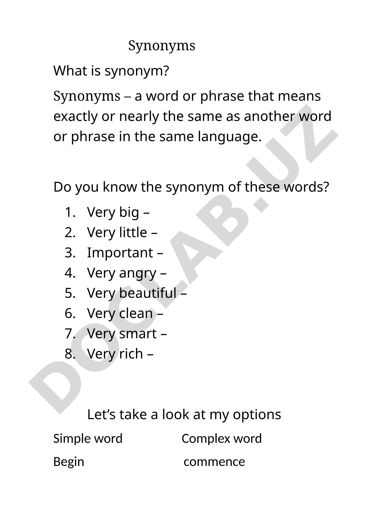 Explains what synonyms are and provides examples of common synonyms