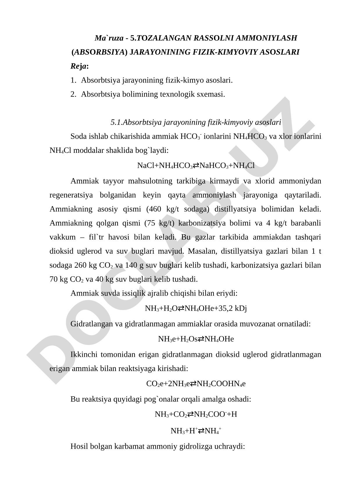Tozalangan rassolni ammoniylash (absorbtsiya) jarayonining fizik-kimyoviy asoslari