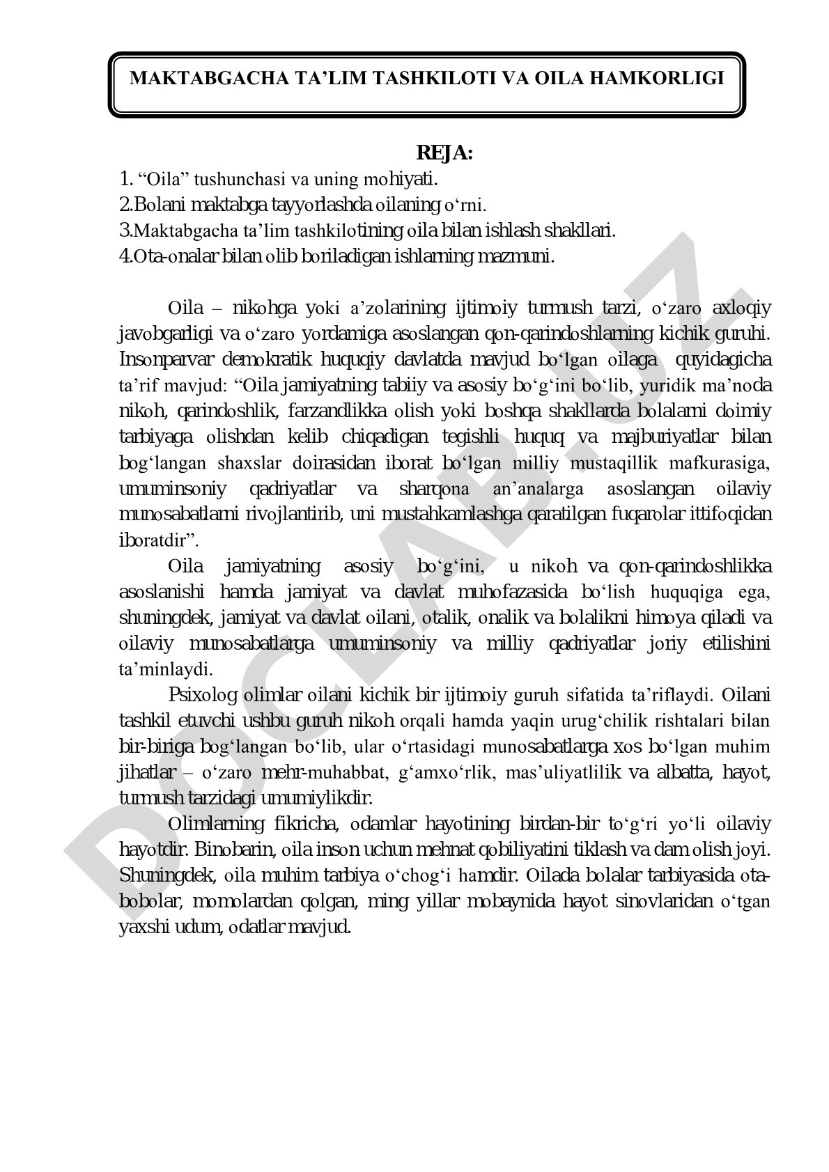 Oila tushunchasi va bolani maktabga tayyorlashda oilaning o‘rni