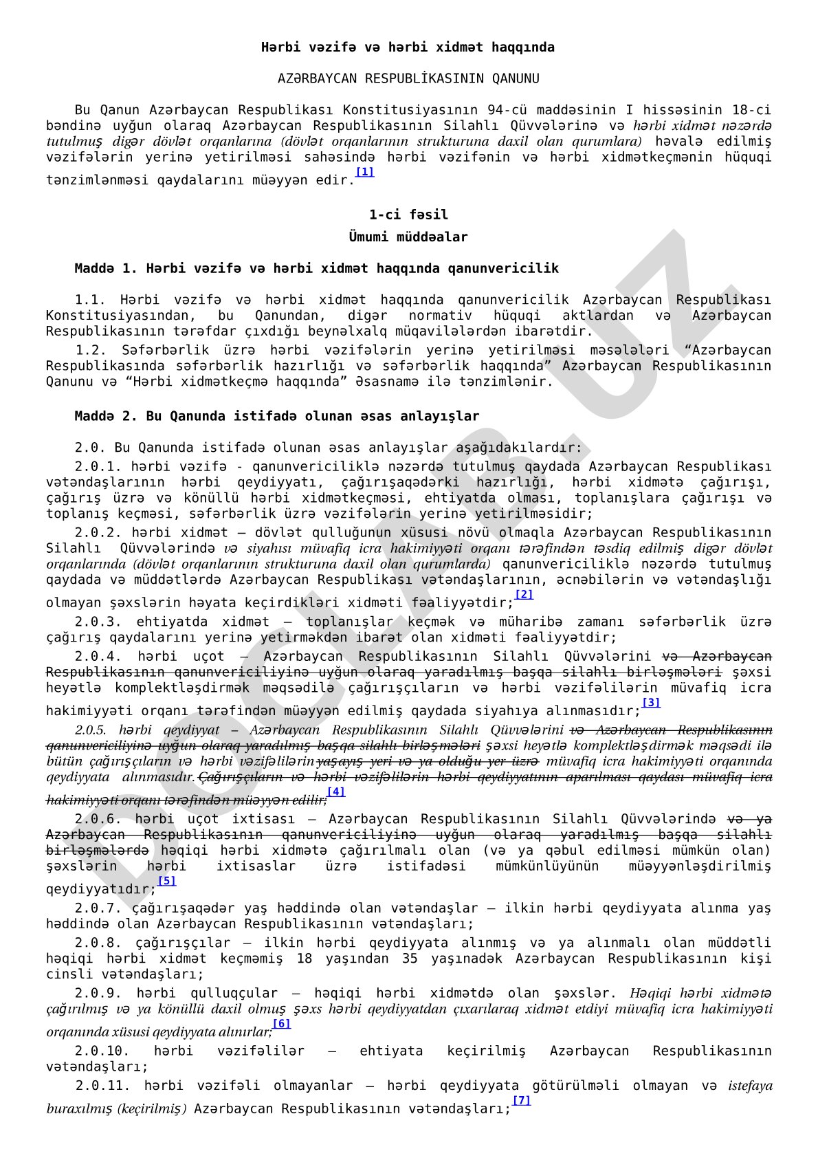 Hərbi vəzifə və hərbi xidmət haqqında AZƏRBAYCAN RESPUBLİKASININ QANUNU