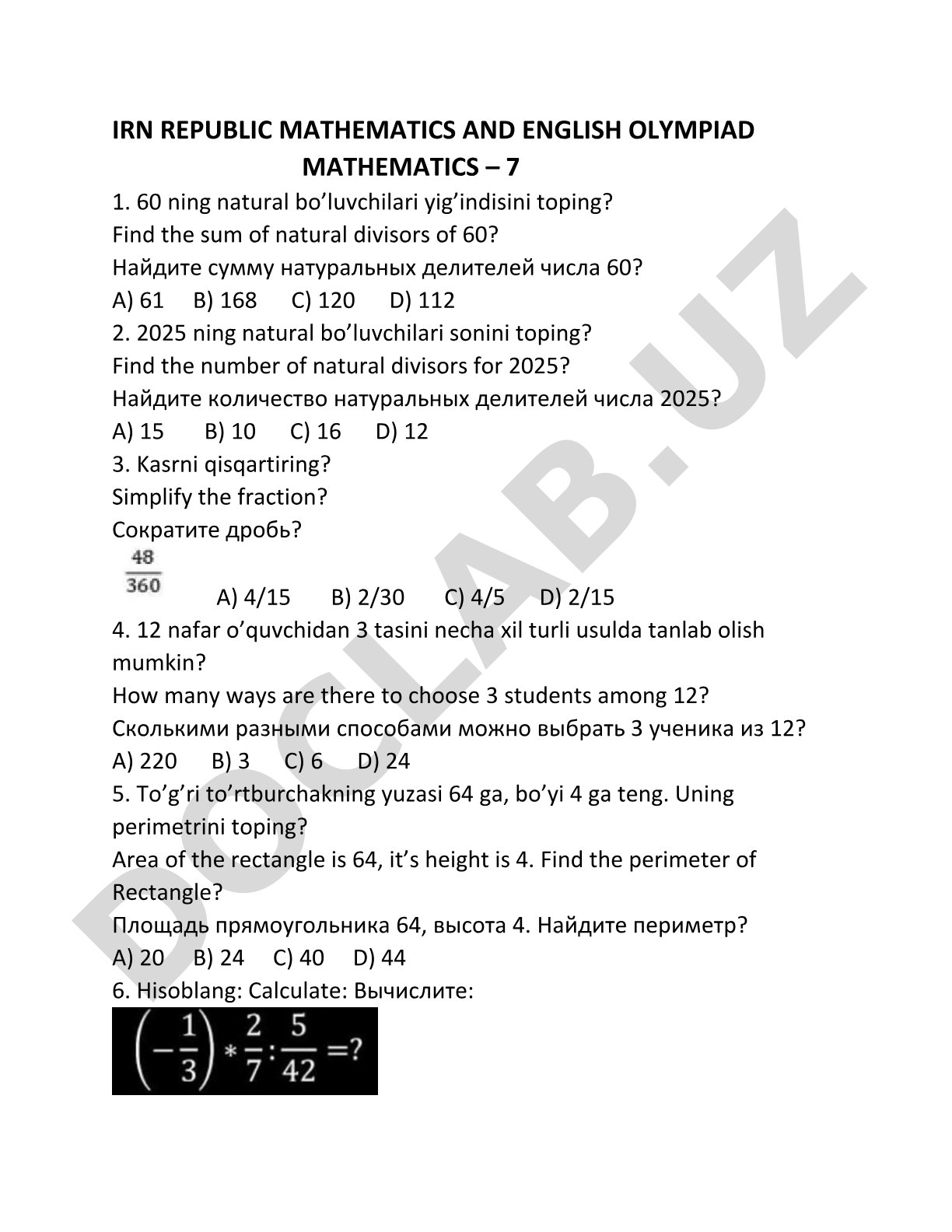 Matematika olimpiadasi 7-sinf test savollari