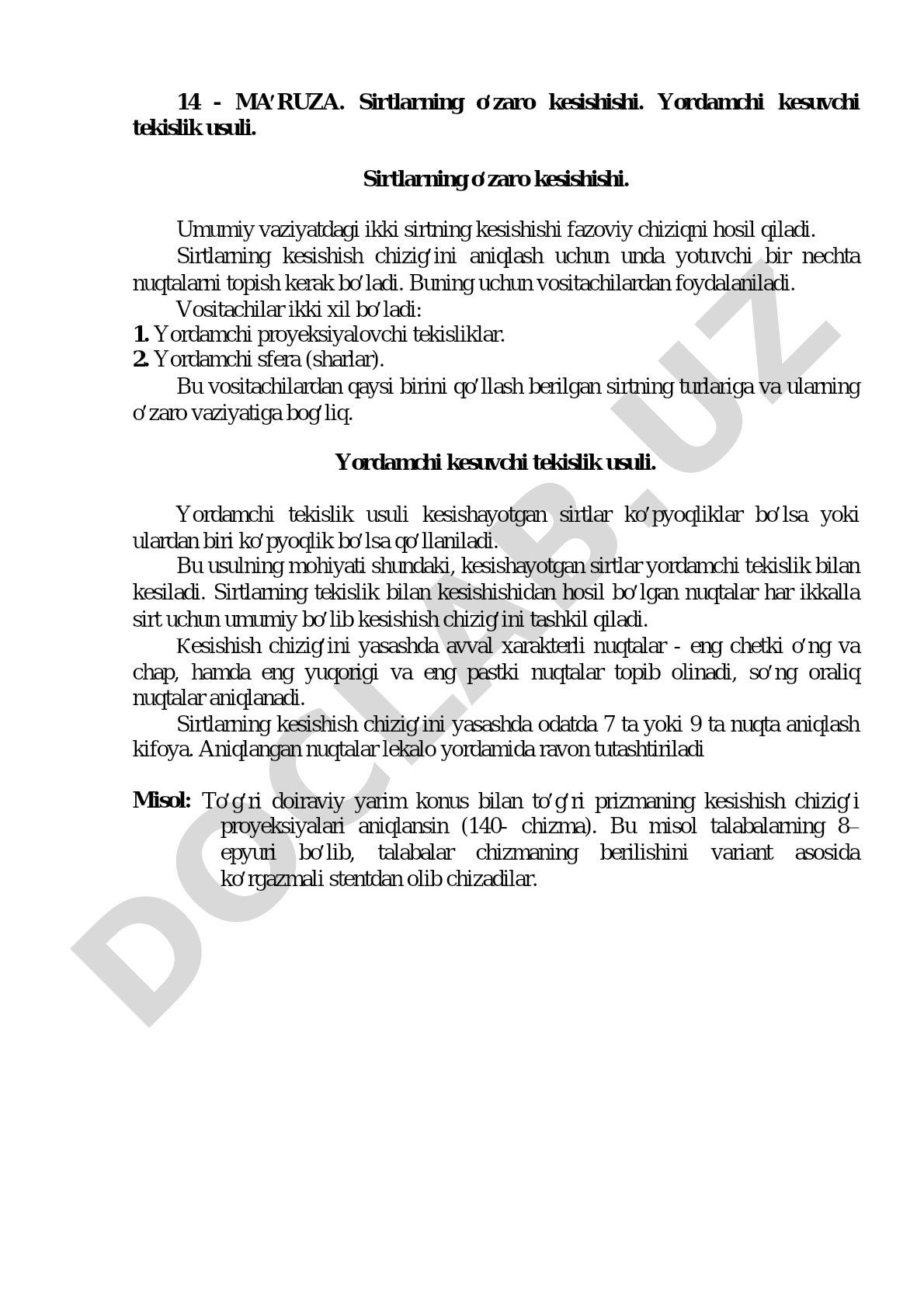 Sirtlarning o'zaro kesishishi va yordamchi kesuvchi tekislik usuli
