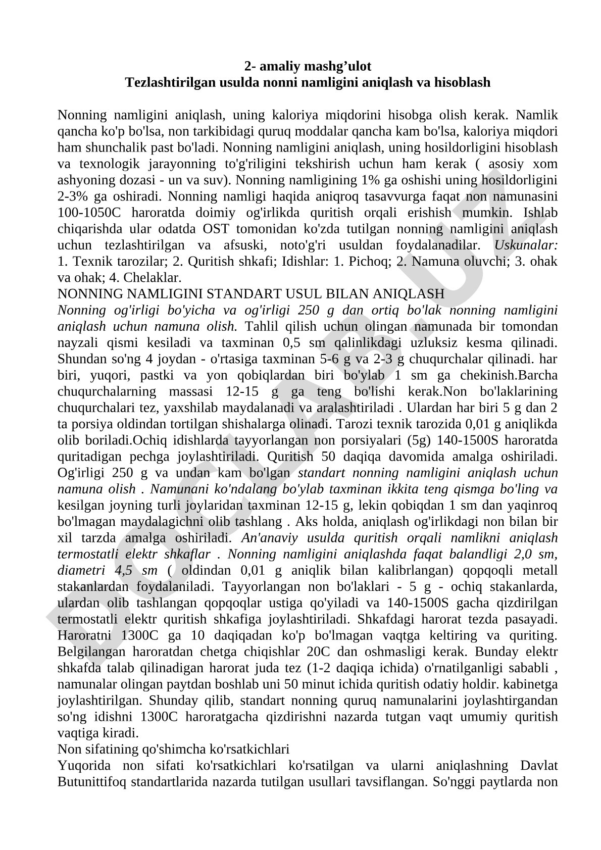 Tezlashtirilgan usulda nonni namligini aniqlash va hisoblash