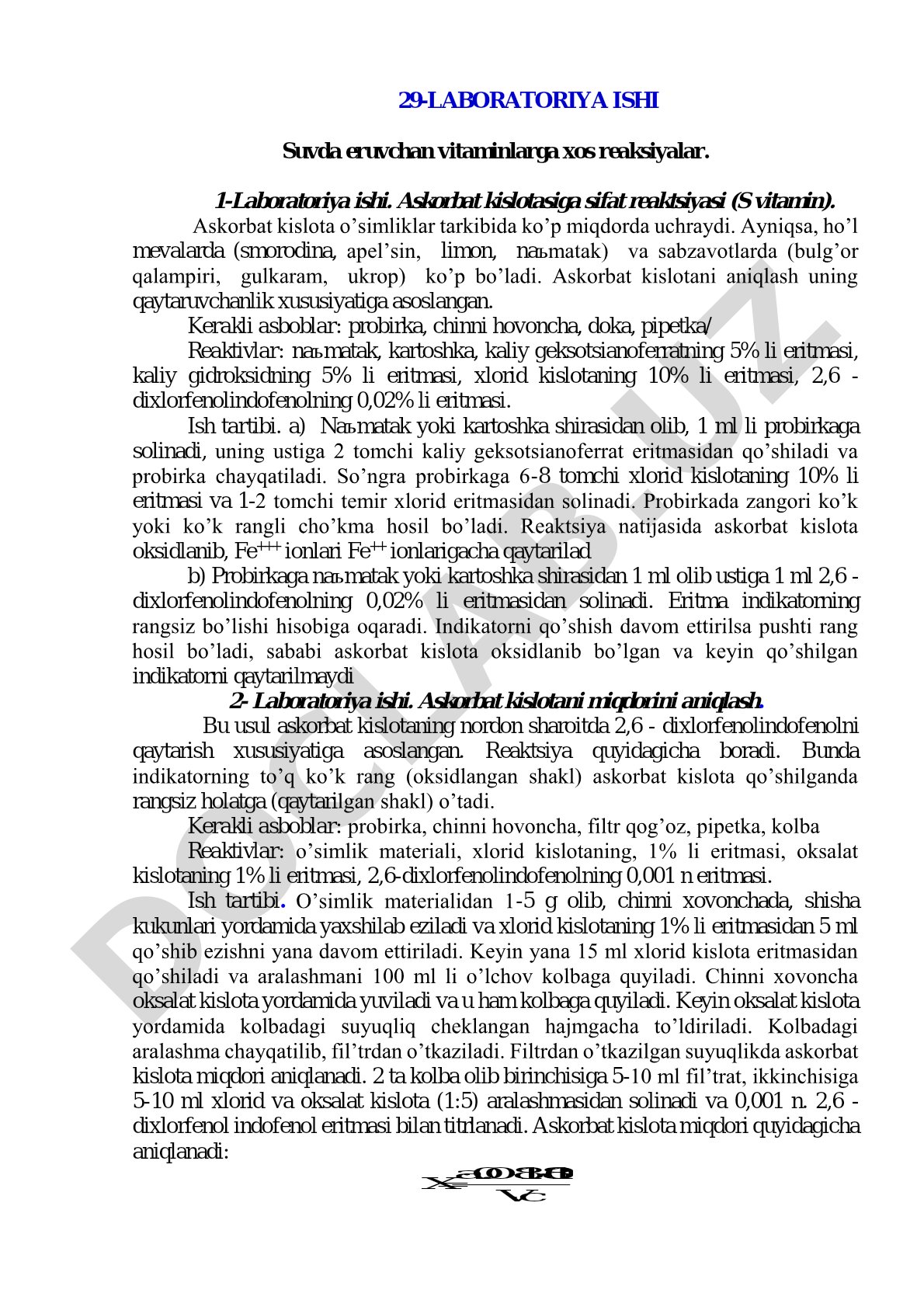 Askorbat kislotasiga sifat reaktsiyasi