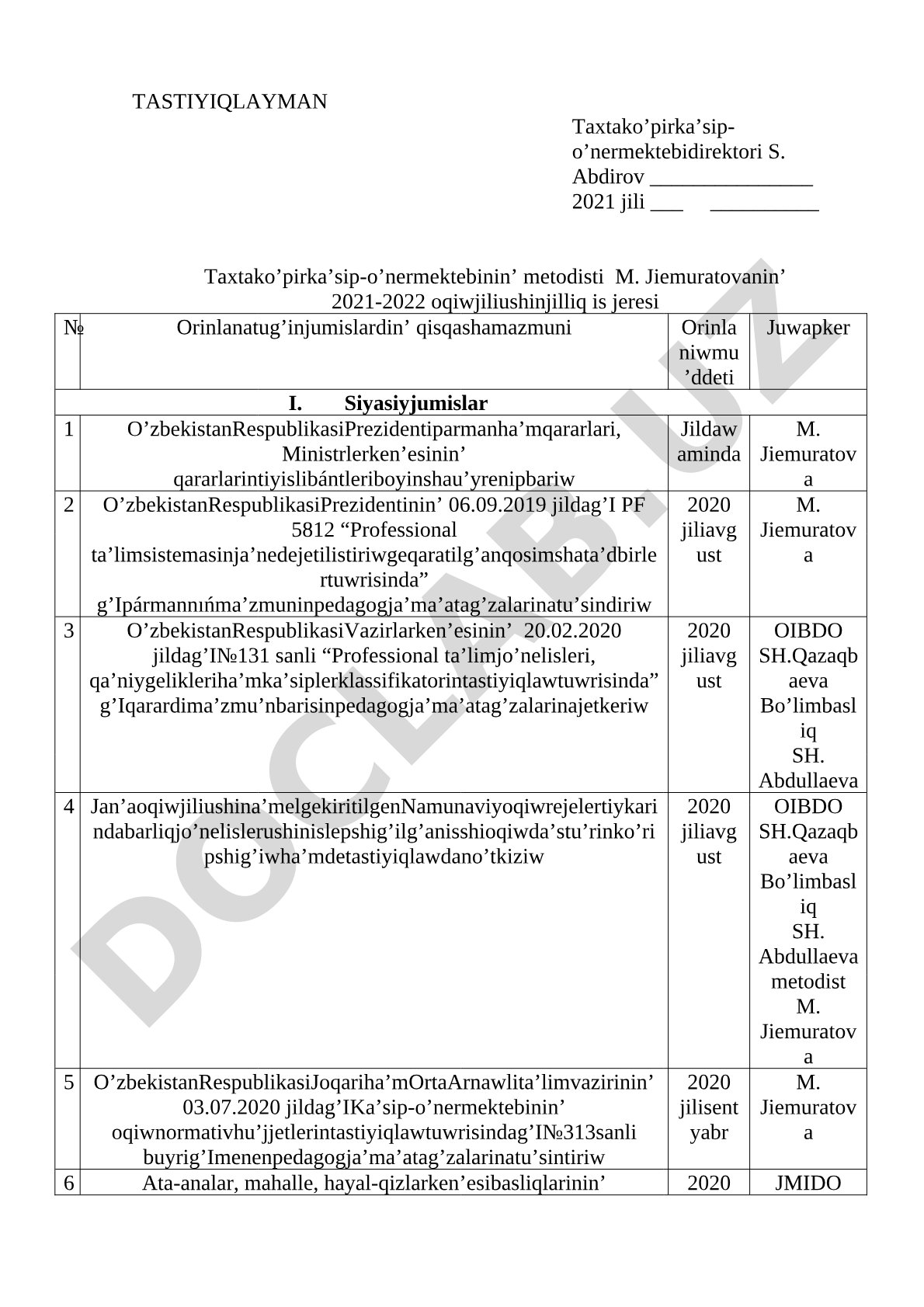 2021-2022 o'quv yili uslubiy ish rejasi
