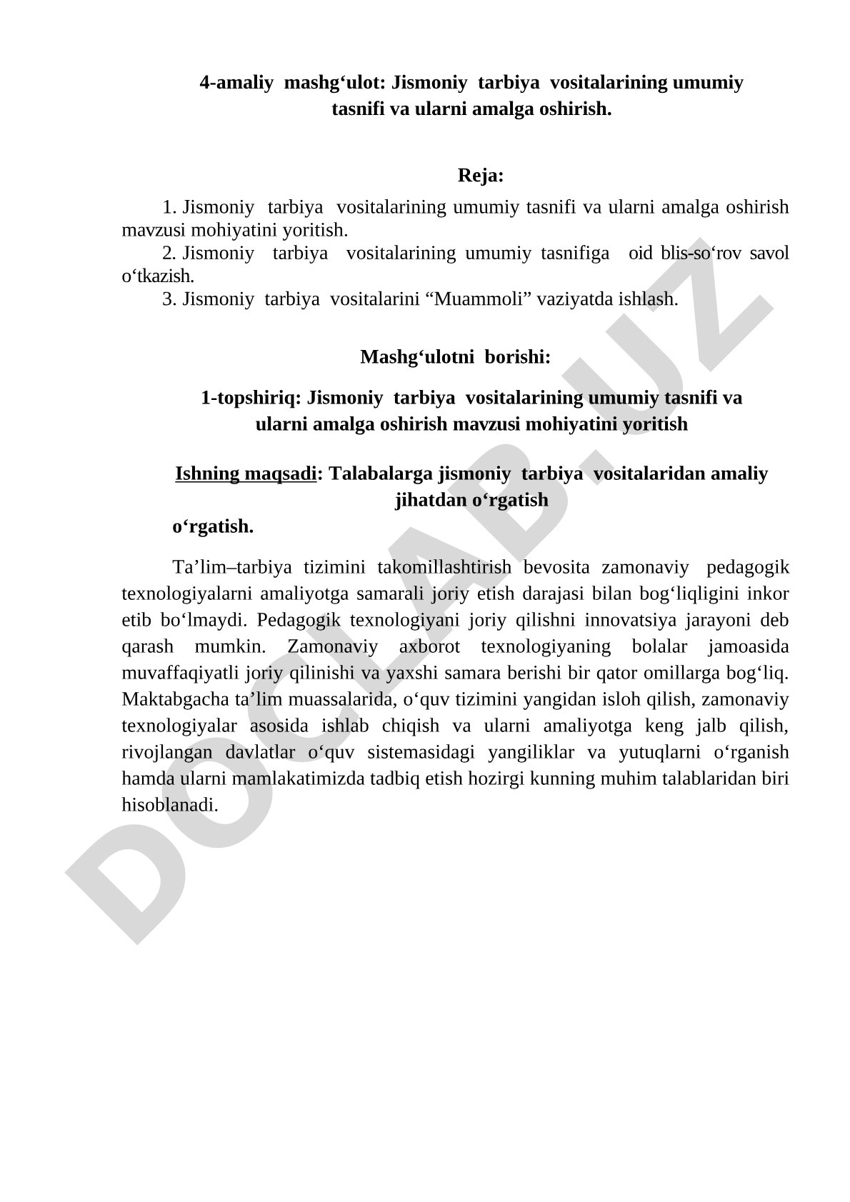 Jismoniy tarbiya vositalarining umumiy tasnifi va ularni amalga oshirish