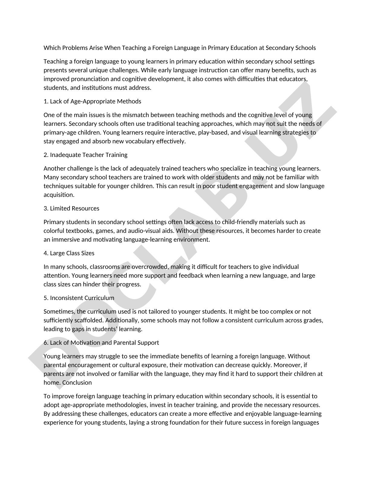 Which Problems Arise When Teaching a Foreign Language in Primary Education at Secondary Schools