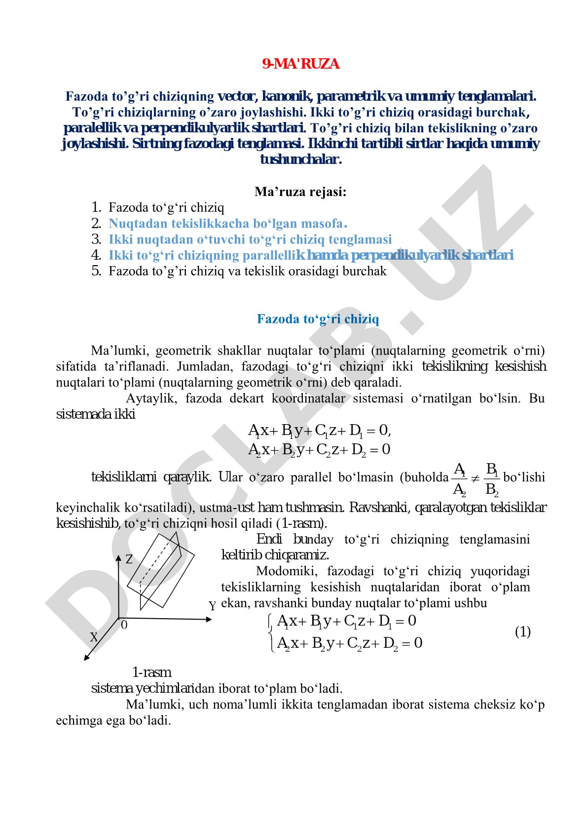 Fazoda to'g'ri chiziq tenglamalari va ikkinchi tartibli sirtlar