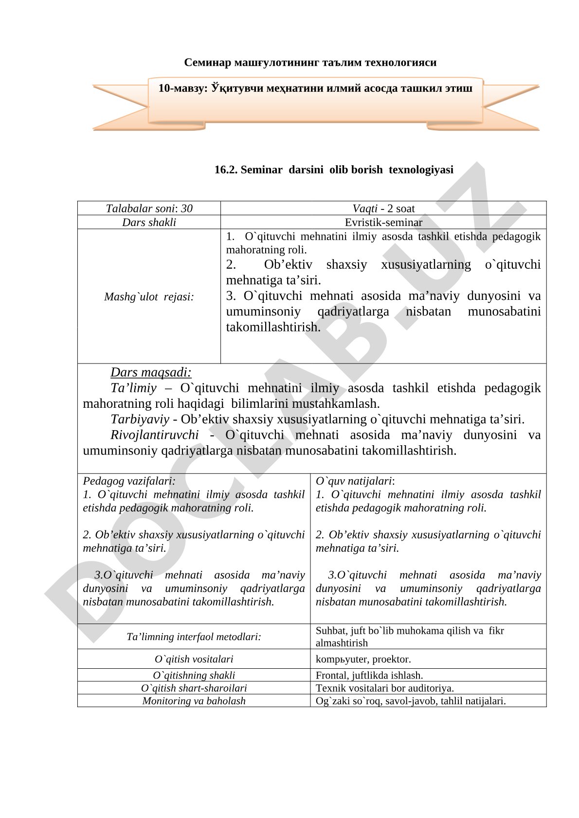 Seminar mashg'ulotining ta'lim texnologiyasi