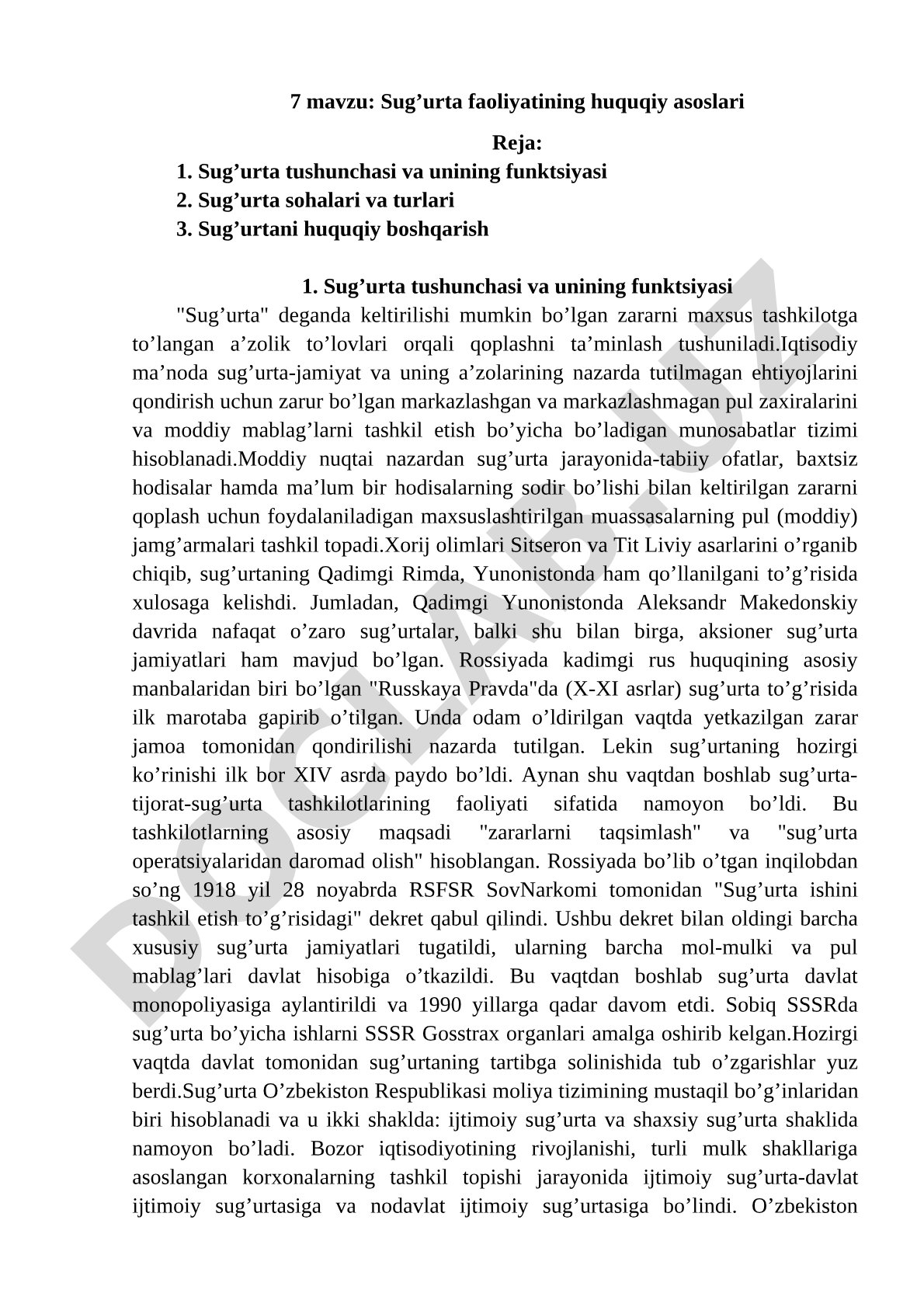 Sug'urta faoliyatining huquqiy asoslari