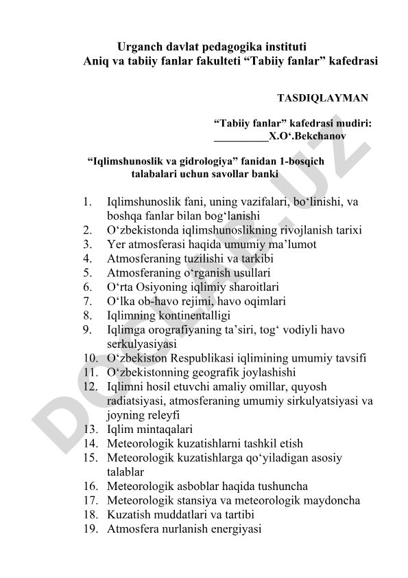 Iqlimshunoslik va gidrologiya fanidan savollar banki