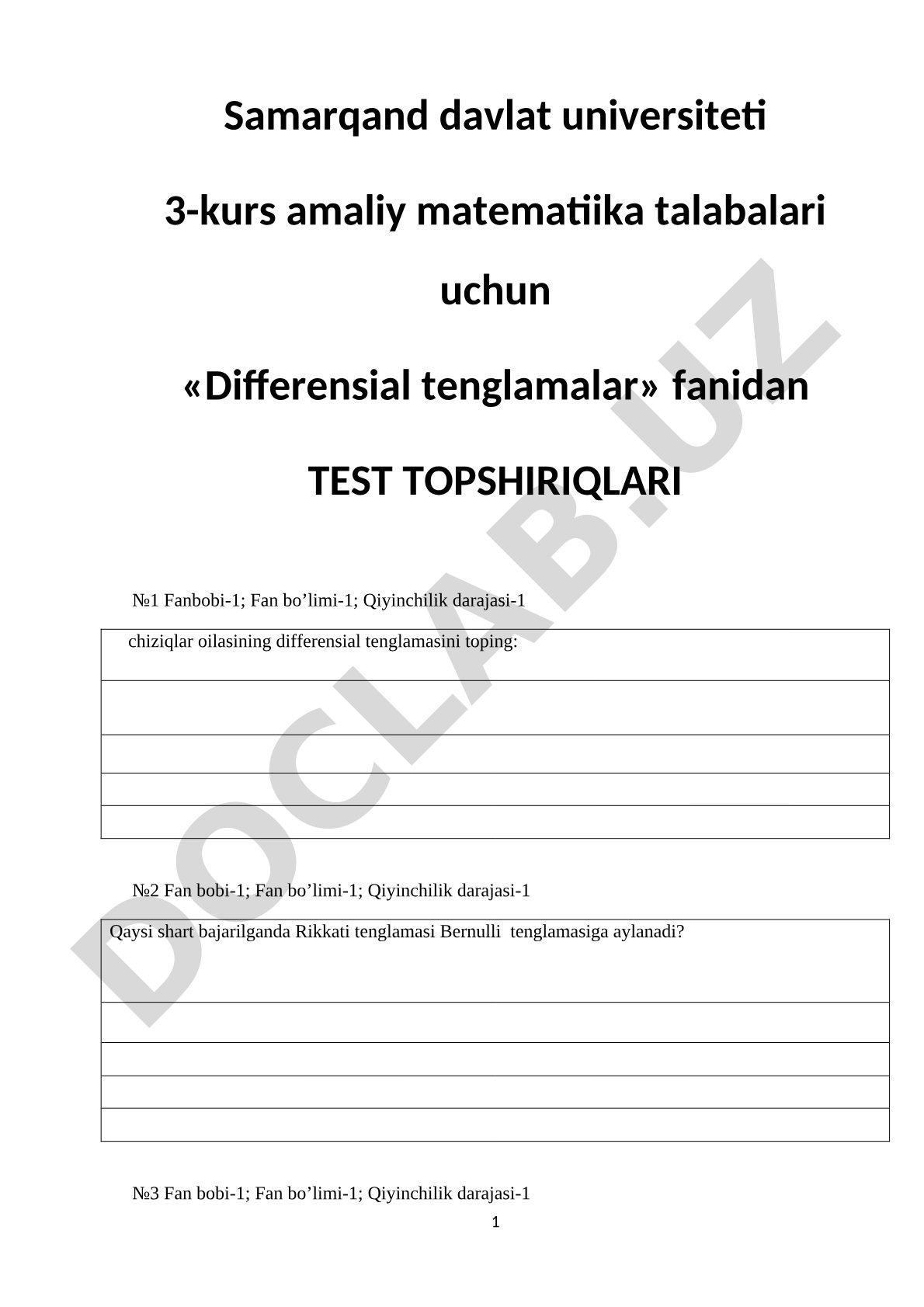 Differensial tenglamalar fanidan test topshiriqlari №1