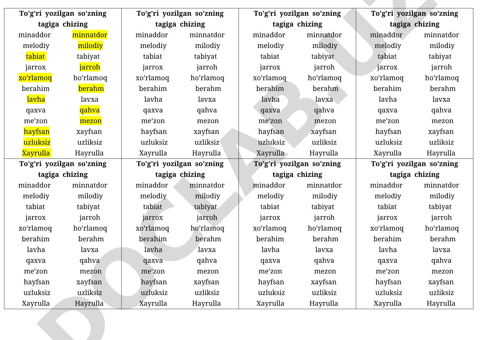 O'zbek tilida to'g'ri yoziladigan so'zlar