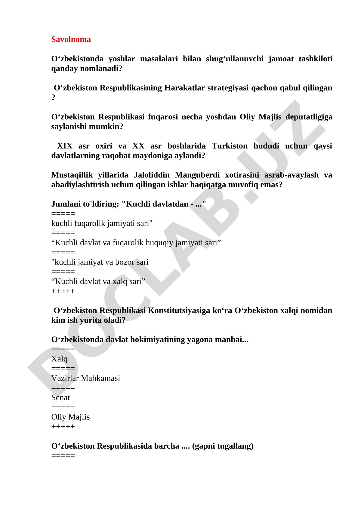 O‘zbekiston davlatchiligi, tarixi va huquqi bo‘yicha test savollari