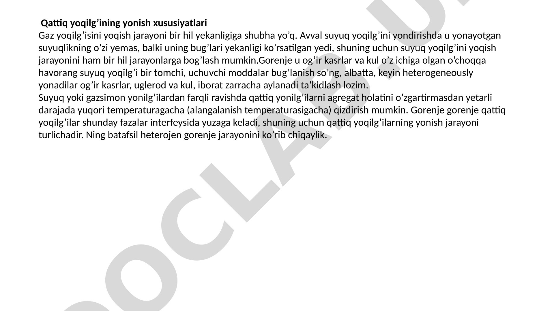 Qattiq yoqilg’ining yonish xususiyatlari