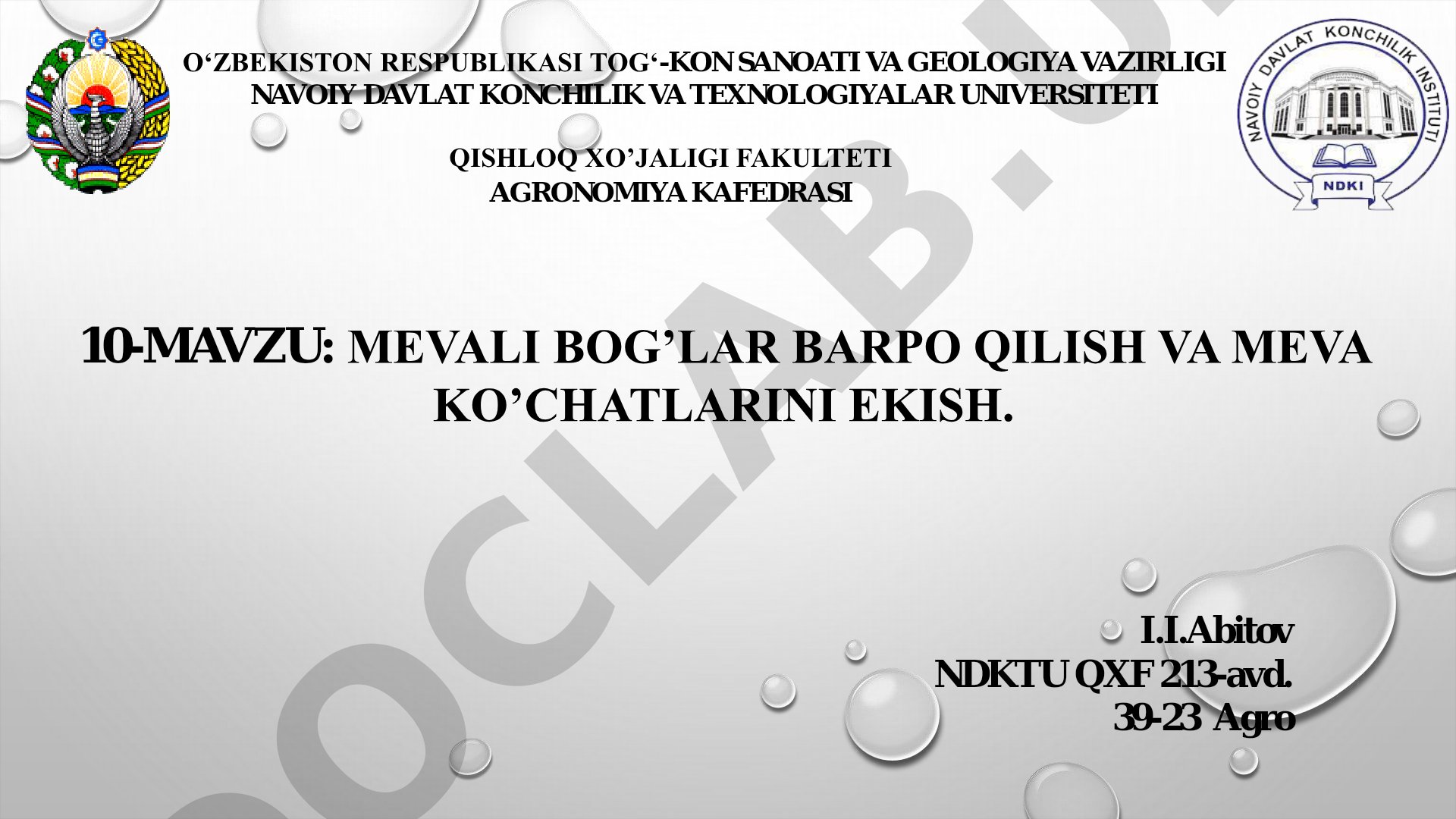 MEVALI BOG’LAR BARPO QILISH VA MEVA KO’CHATLARINI EKISH