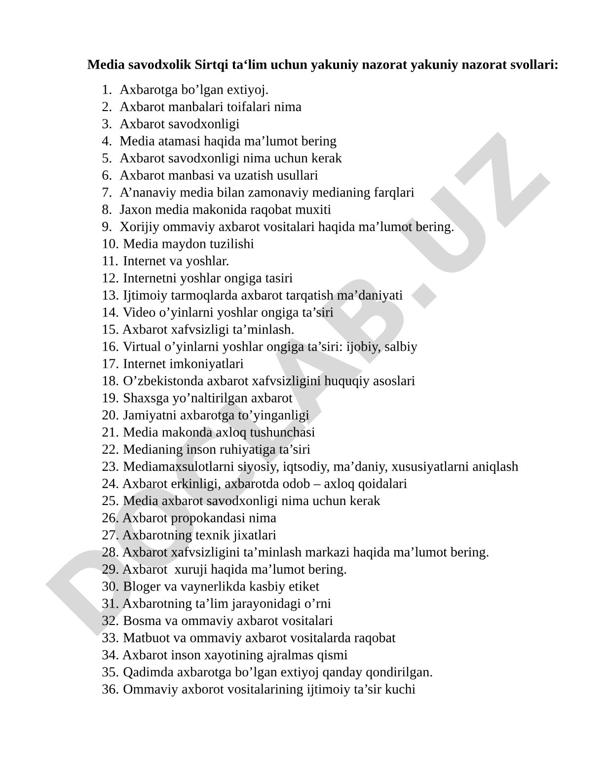 Media savodxolik sirtqi ta'lim yakuniy nazorat savollari