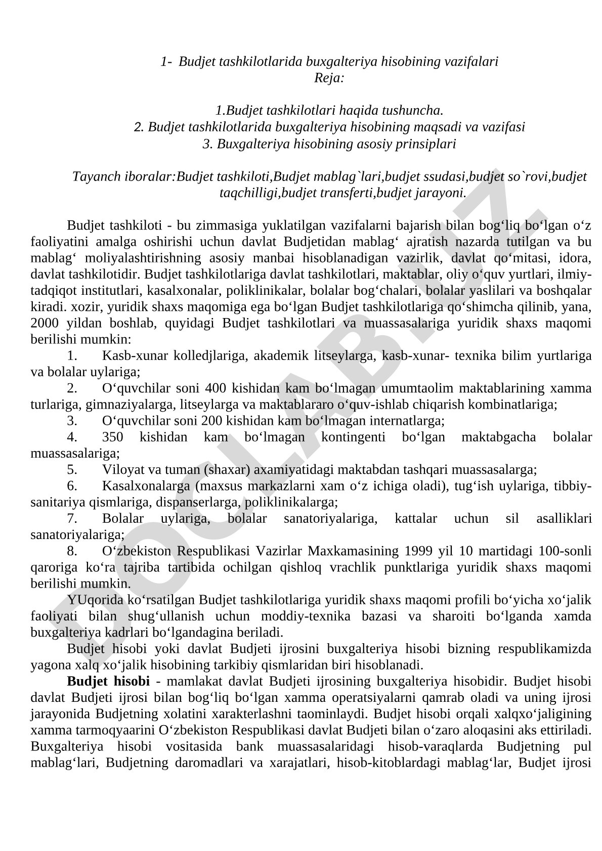 Budjet tashkilotlarida buxgalteriya hisobining vazifalari