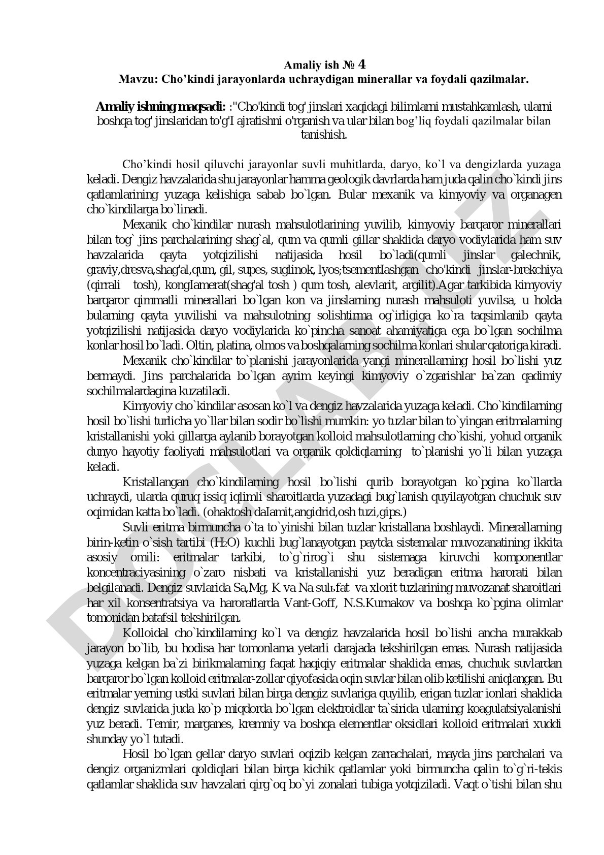 Cho'kindi jarayonlarda uchraydigan minerallar va foydali qazilmalar