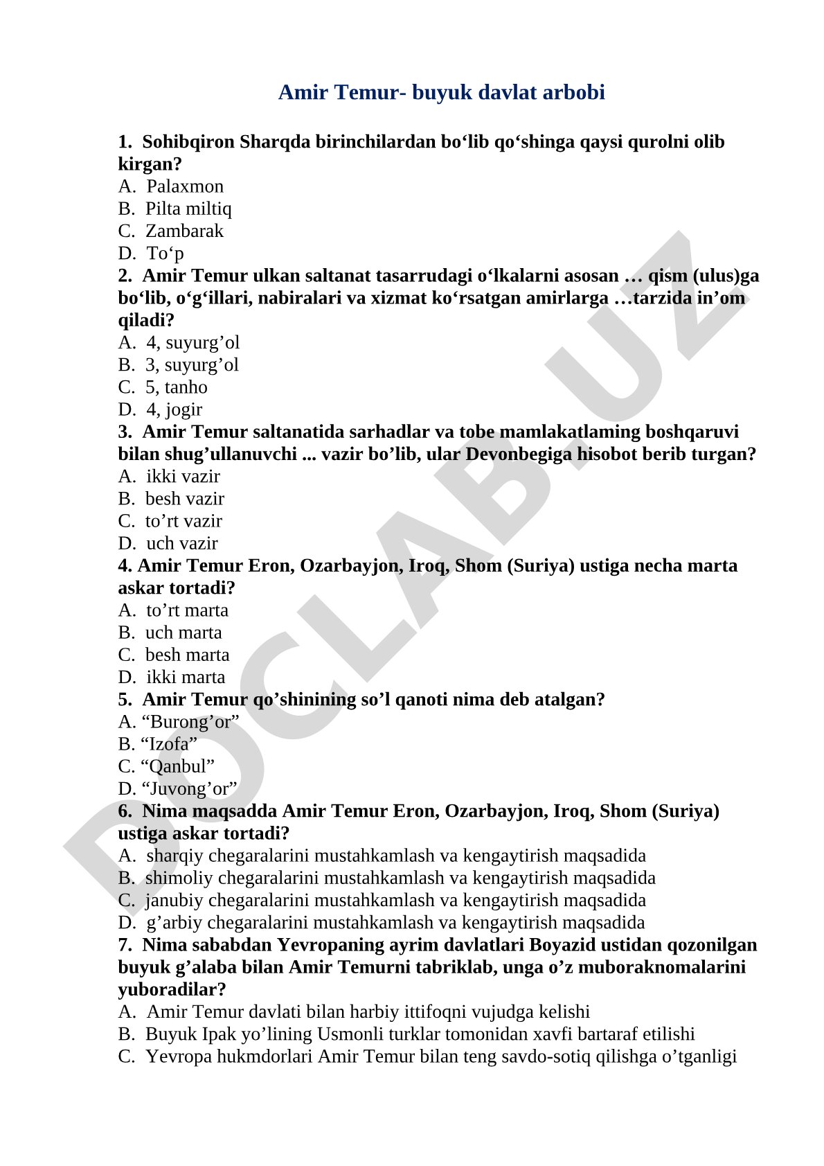 Amir Temur haqida test savollari