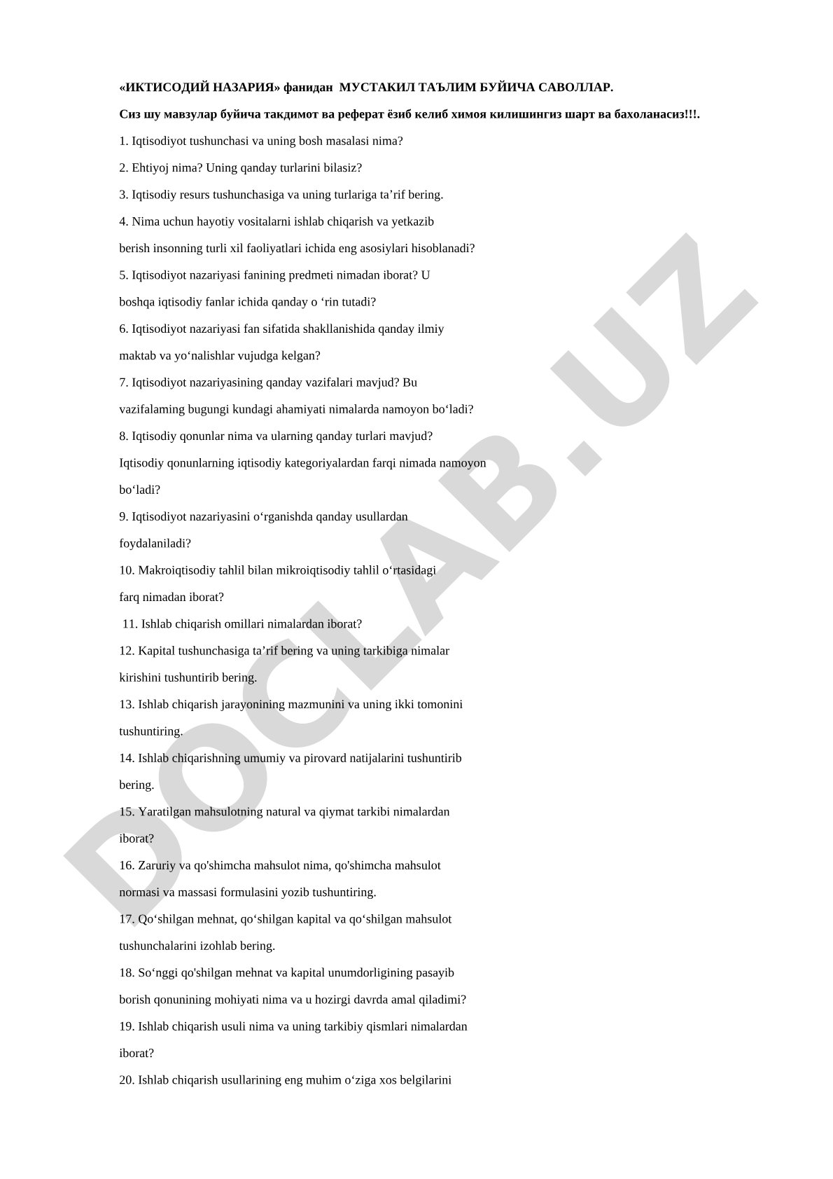 Iqtisodiy nazariya fanidan mustaqil ta'lim bo'yicha savollar