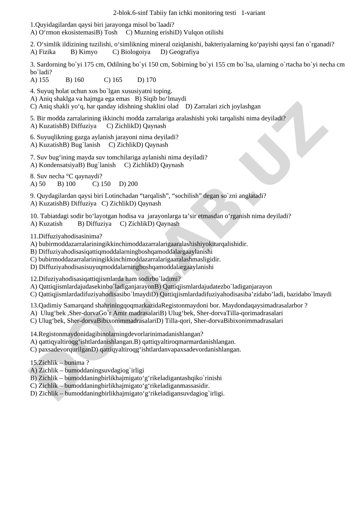 6-sinf Tabiiy fan ichki monitoring testi 1-variant