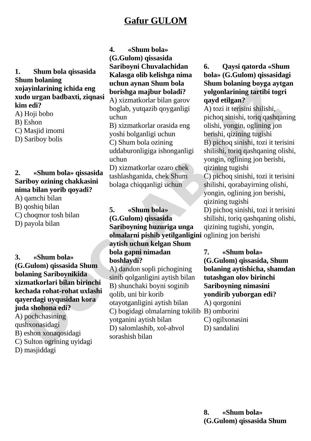 G'afur G'ulomning 'Shum bola' qissasi bo'yicha test savollari
