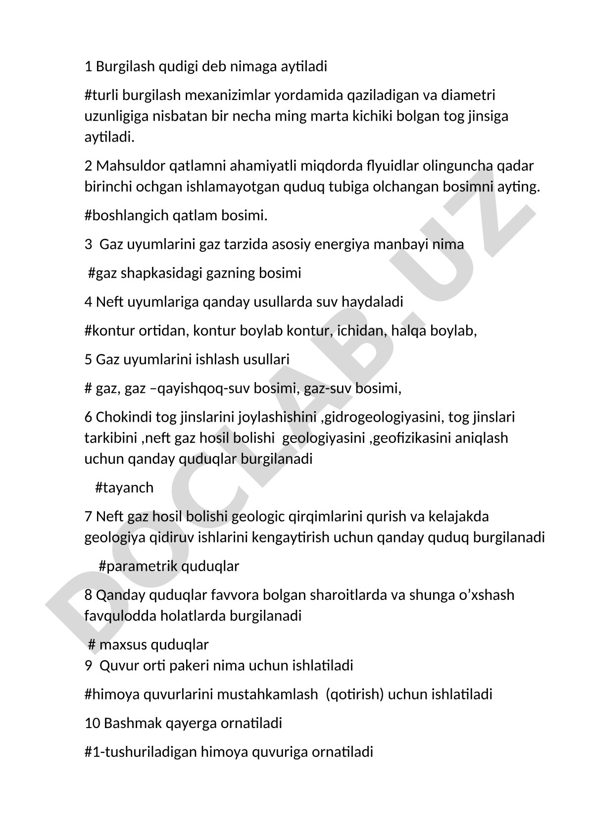 Burg'ilash qudug'i va neft-gaz uyumlari haqida savol-javoblar
