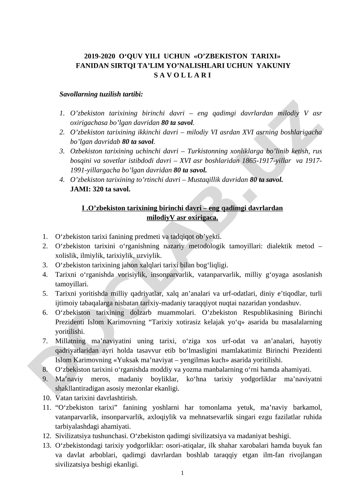 O‘zbekiston tarixi fanidan yakuniy savollar