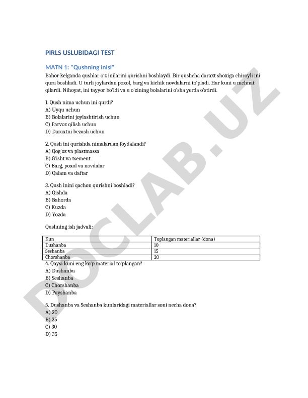 PIRLS uslubidagi test matnlari: Qushning inisi va Do'stlik bog'i