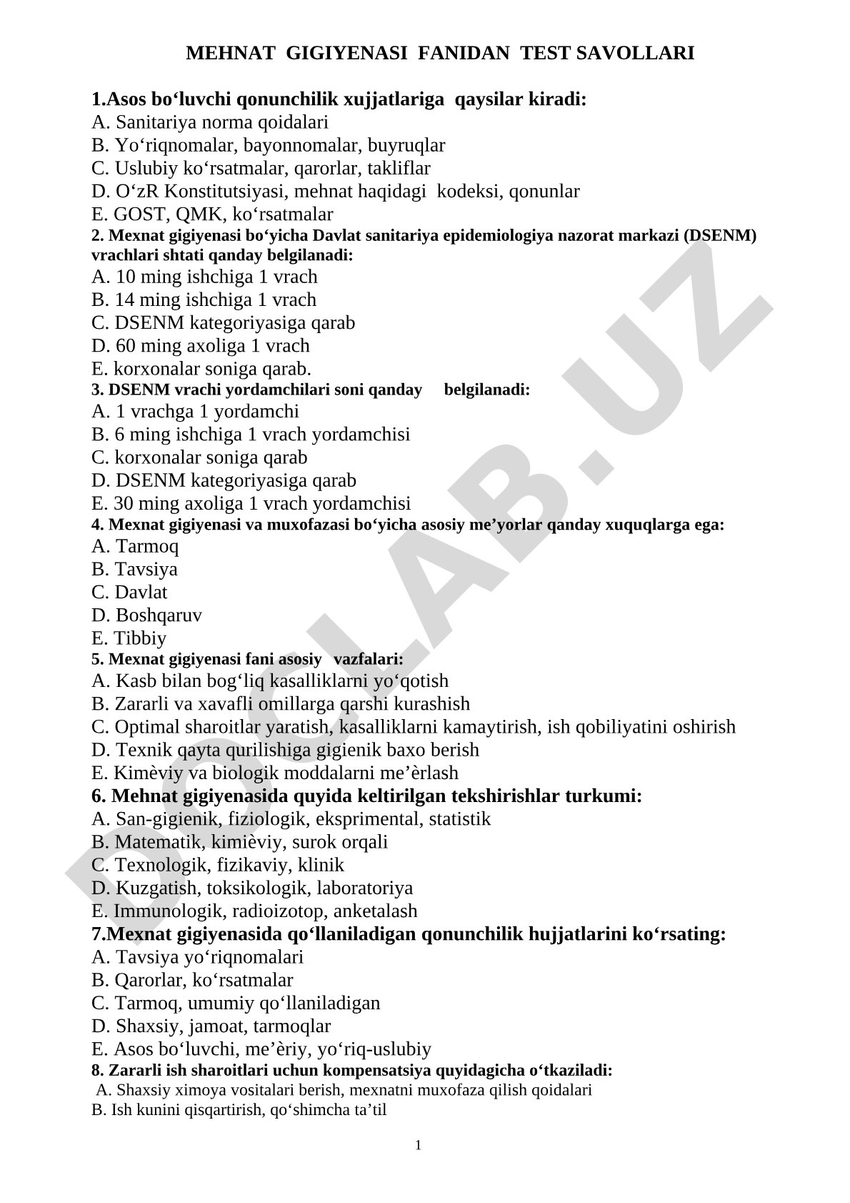 Mehnat gigiyenasi fanidan test savollari