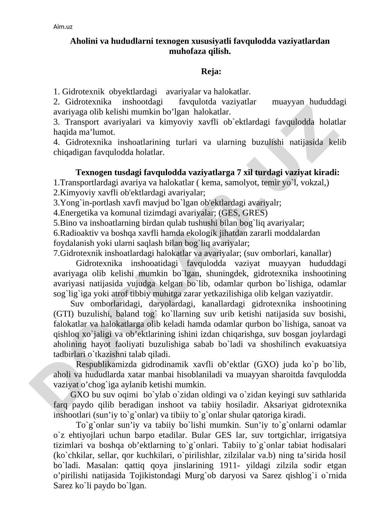 Aholini va hududlarni texnogen xususiyatli favqulodda vaziyatlardan muhofaza qilish