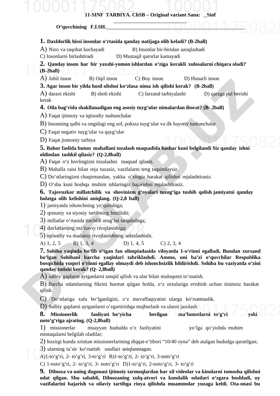 11-sinf Tarbiya ChSB original variant savollari