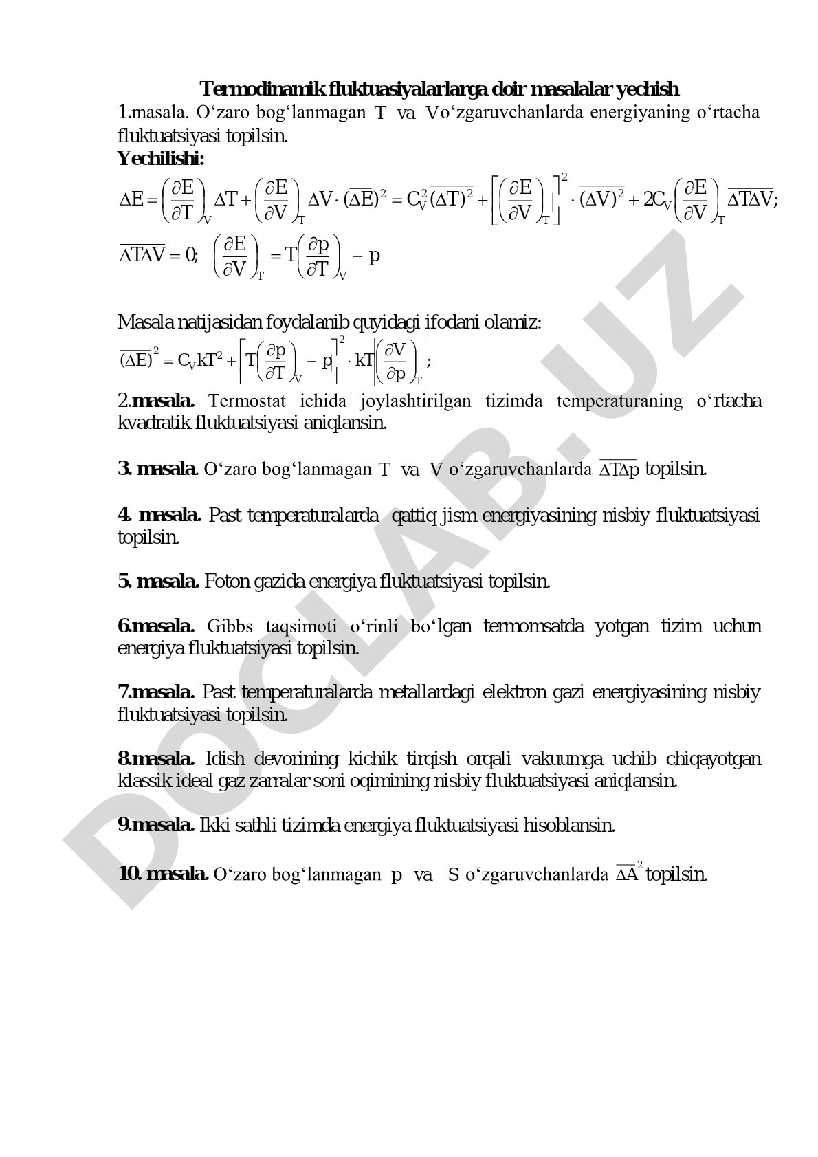 Termodinamik fluktuasiyalarlarga doir masalalar yechish