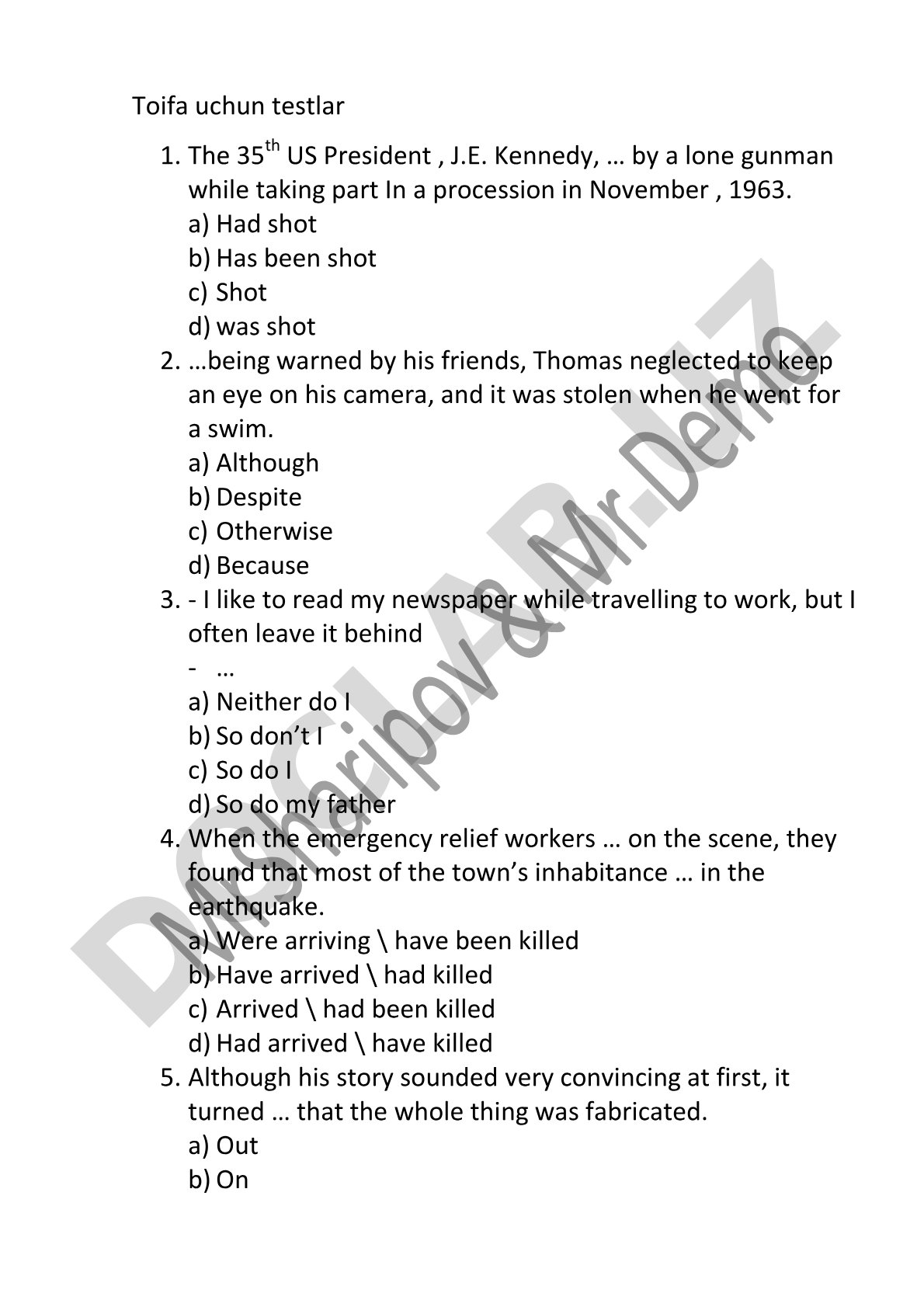 English Grammar Multiple Choice Test