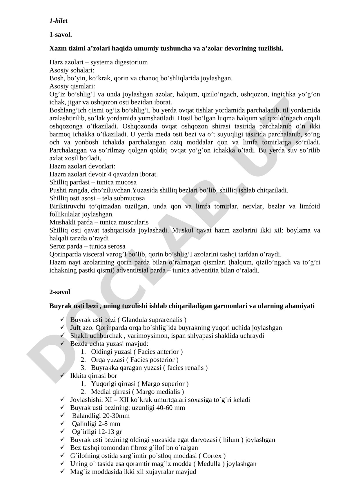 Xazm tizimi a’zolari haqida umumiy tushuncha va a’zolar devorining tuzilishi