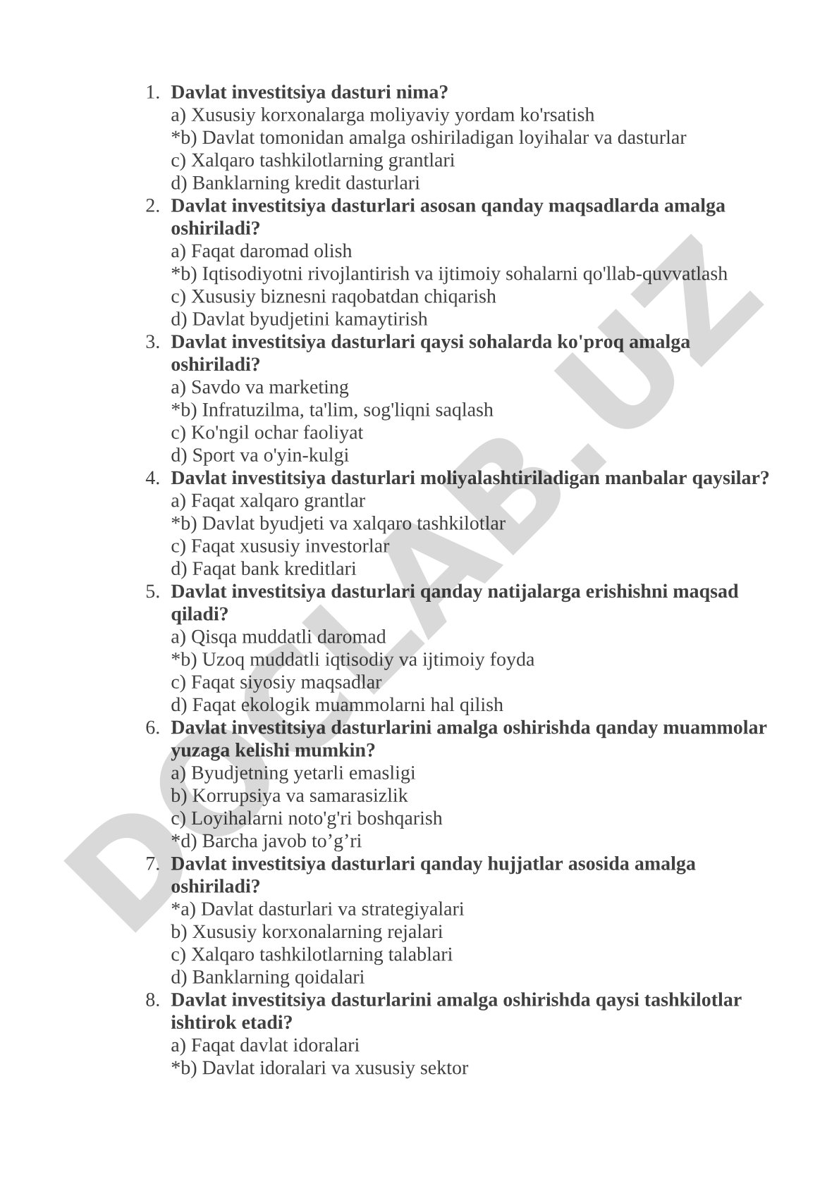 Davlat investitsiya dasturi bo'yicha test savollari