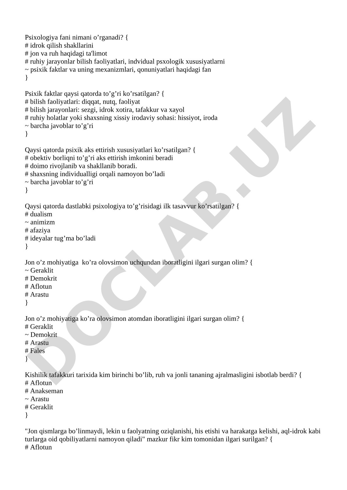Psixologiya fanidan test savollari: psixik faktlar va qadimgi olimlar